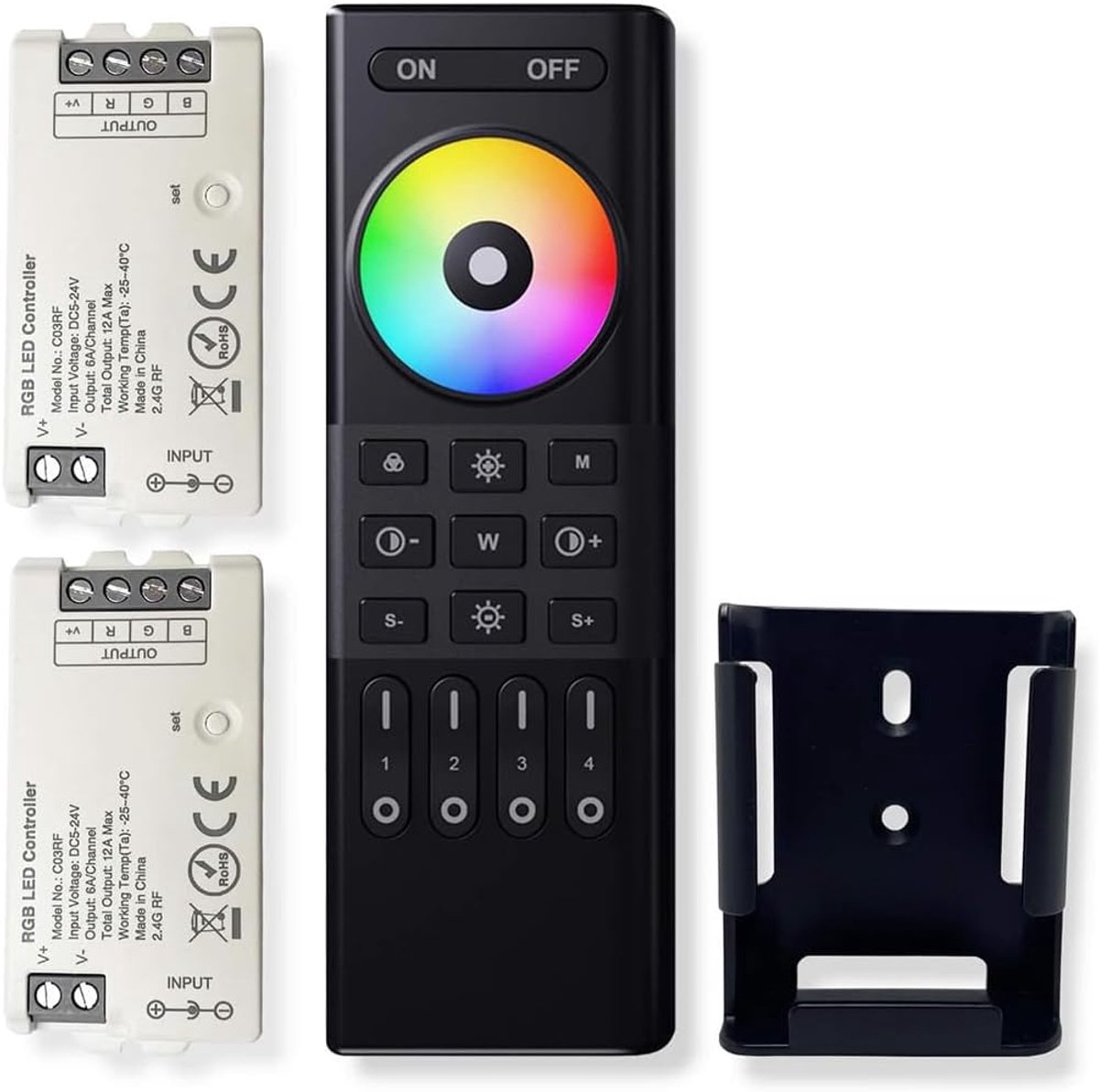 SnelShoppen - 2.4G RF Draadloze 4 Zone Afstandsbediening + 2x RGB Controller Set voor RGB Stripverlichting DC5-24V, Groepsbediening, Dimbaar, Kleurver