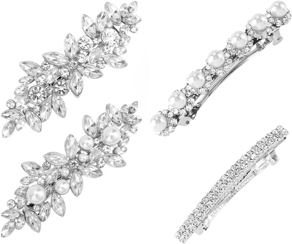 SnelShoppen - 4 Pack Haarclips voor Vrouwen, Bruiloft Haaraccessoires, Kristal Strass Parels Haarspelden voor Meisjes, Zilveren Kristal Haarspelden