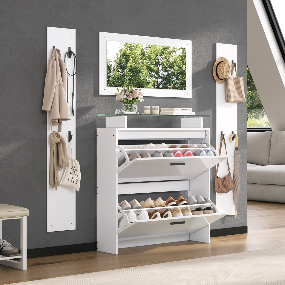 FloraGrace Kledingrek - Wandgarderobe Set Met Spiegel En Schoenkast - Minimalistisch Voor Hal En Woonkamer - Spaanplaat - Wit - 89,5x23x96,5 Cm