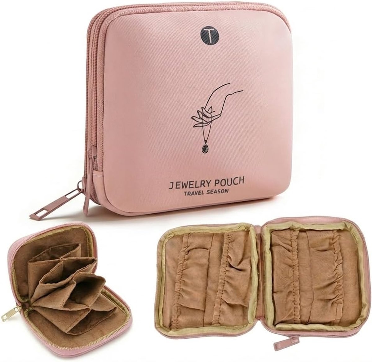 SnelShoppen - Reis-sieradenopbergtas Roze, 2-laags Sieradenzakje met Ritssluiting, Fluwelen Voering voor Ringen, Armbanden en Halskettingen, Perfect v