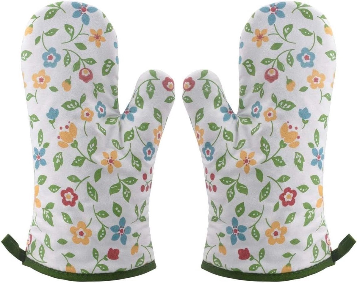 SnelShoppen - Faneli 1 Paar Dikke Hittebestendige Ovenwant met Veel Grappige Ontwerpen - Bloemig Groen - Katoen met Polyester Binnenvoering - Ideaal v