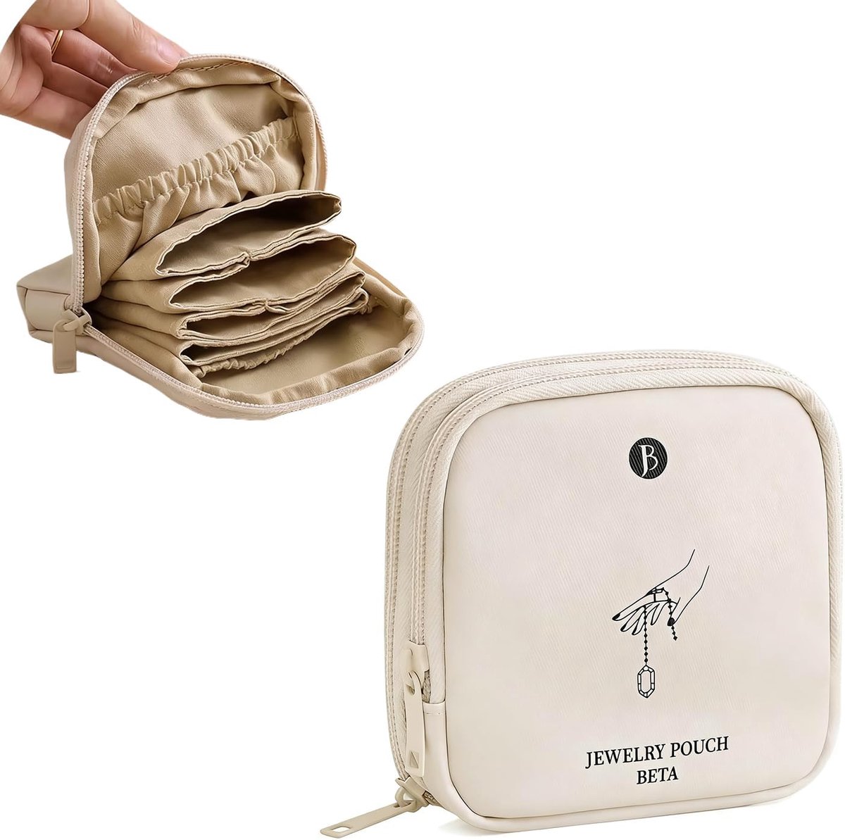 SnelShoppen - Sieradendoosje van witte stof, organizer met ritssluiting, 6 vakken voor armbanden, ringen en oorbellen, compacte make-uptas voor sierad