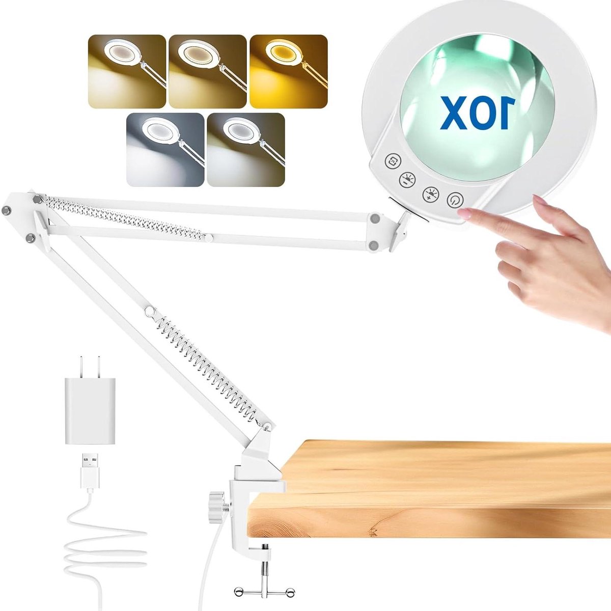 Vergrootglas met lamp - Loeplamp bureaulamp - Hobby knutselen lezen - Verstelbare zwenkarm - 10x vergroting - Wit