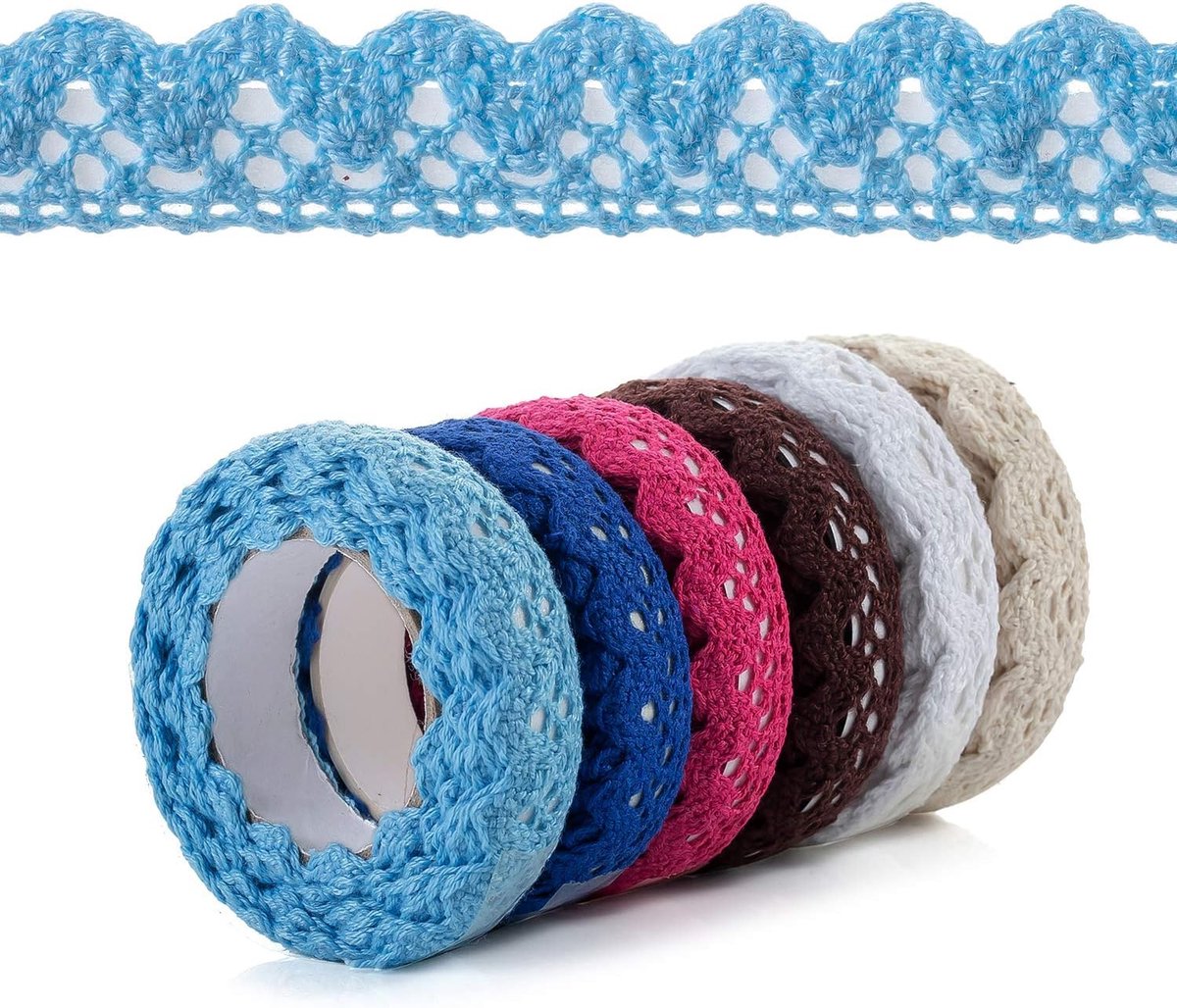 SnelShoppen - 6 Rollen Vintage Kleurige Decoratieve Kantband Zelfklevend, 1.5cm Breed, 1.8m Lang, Perfect voor Knutselen, Feest, Tuin en Cadeaus