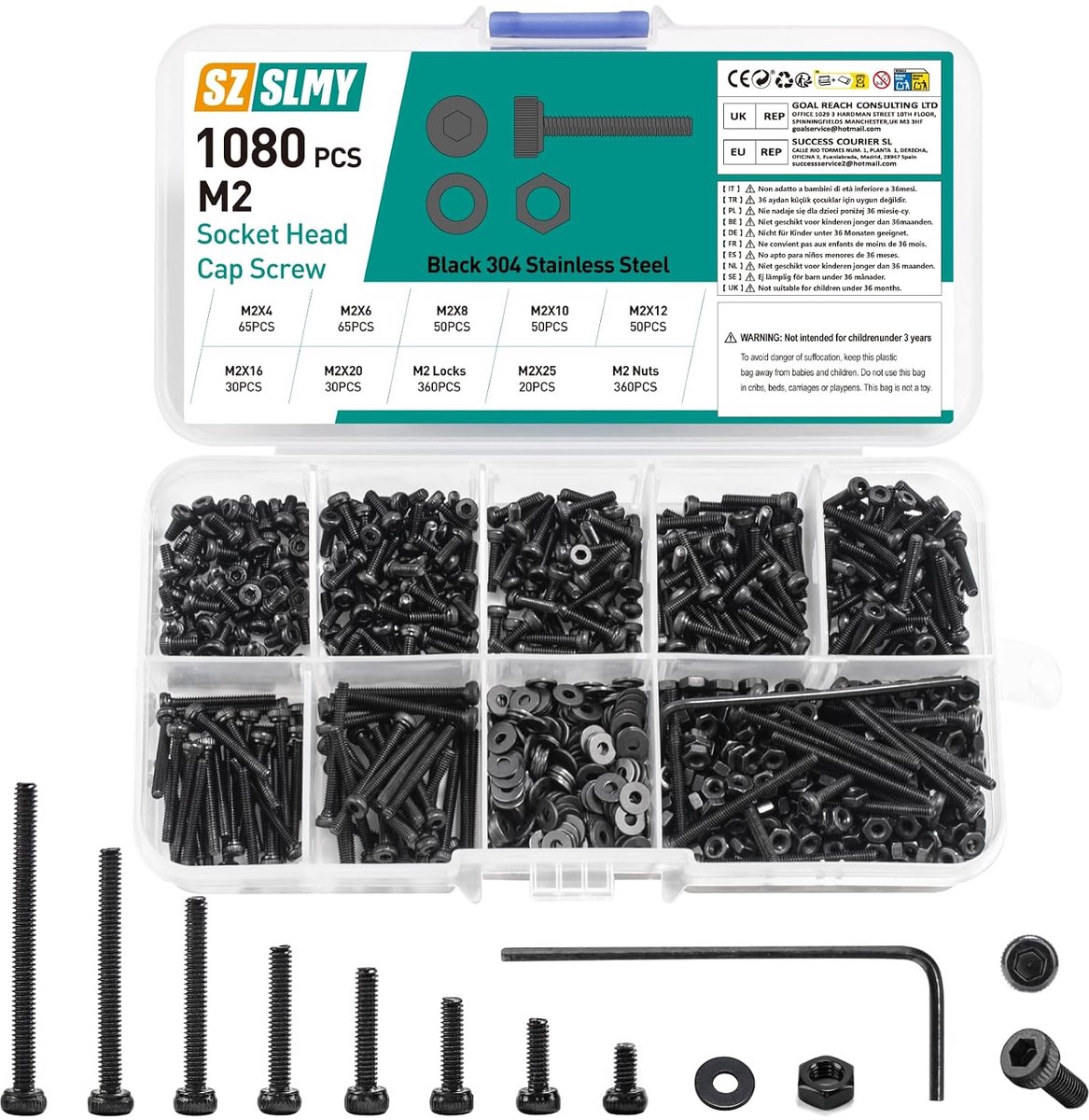 SnelShoppen - 1080 Pcs M2 Schroeven Set, Cilinder Schroeven Moeren Set, Cilinderkop Schroeven Hex Schroeven Set met Ringen, Zwarte Inbus Hexagon Schro