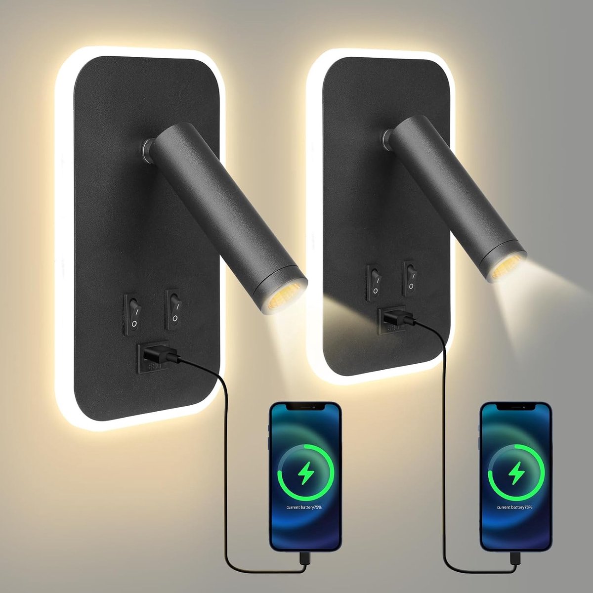 Bedleeslamp - Zwart - 18 x 10,7 cm - 2 Stuks LED Wandlamp met USB-Oplaadpoort - Voor Slaapkamer en Hal
