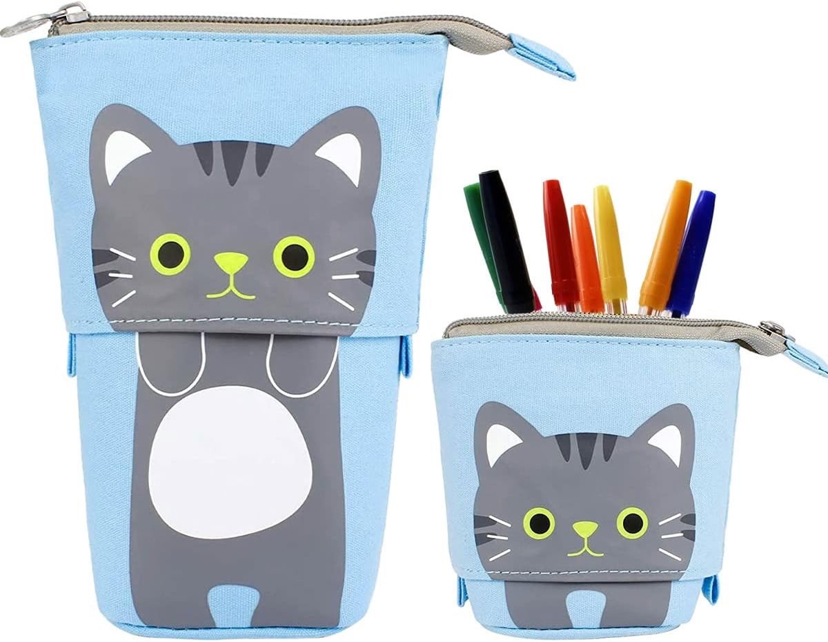 Staande Pennenzak met Retractable Design voor Katten, Moderne Canvas Pennenzak in Blauw voor Kantoorbenodigdheden en Schoolspullen