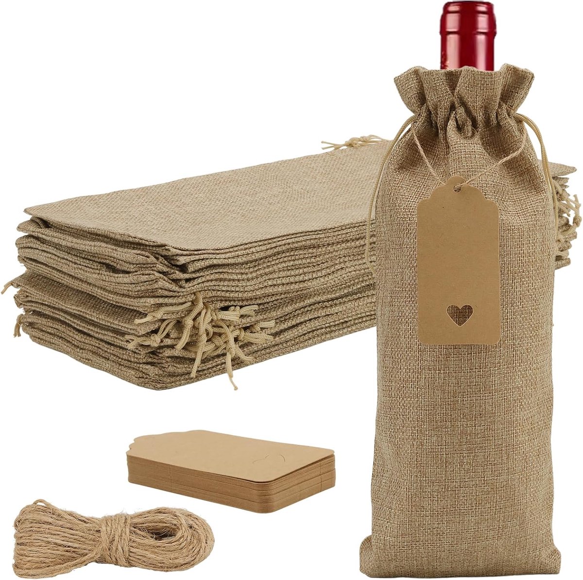 SnelShoppen - 30 stuks jute wijnzakken met trekkoord 15 x 35 cm, natuurlijke kleur, cadeauzakjes voor wijn, feest, bruiloften, kerst, met hangers en k