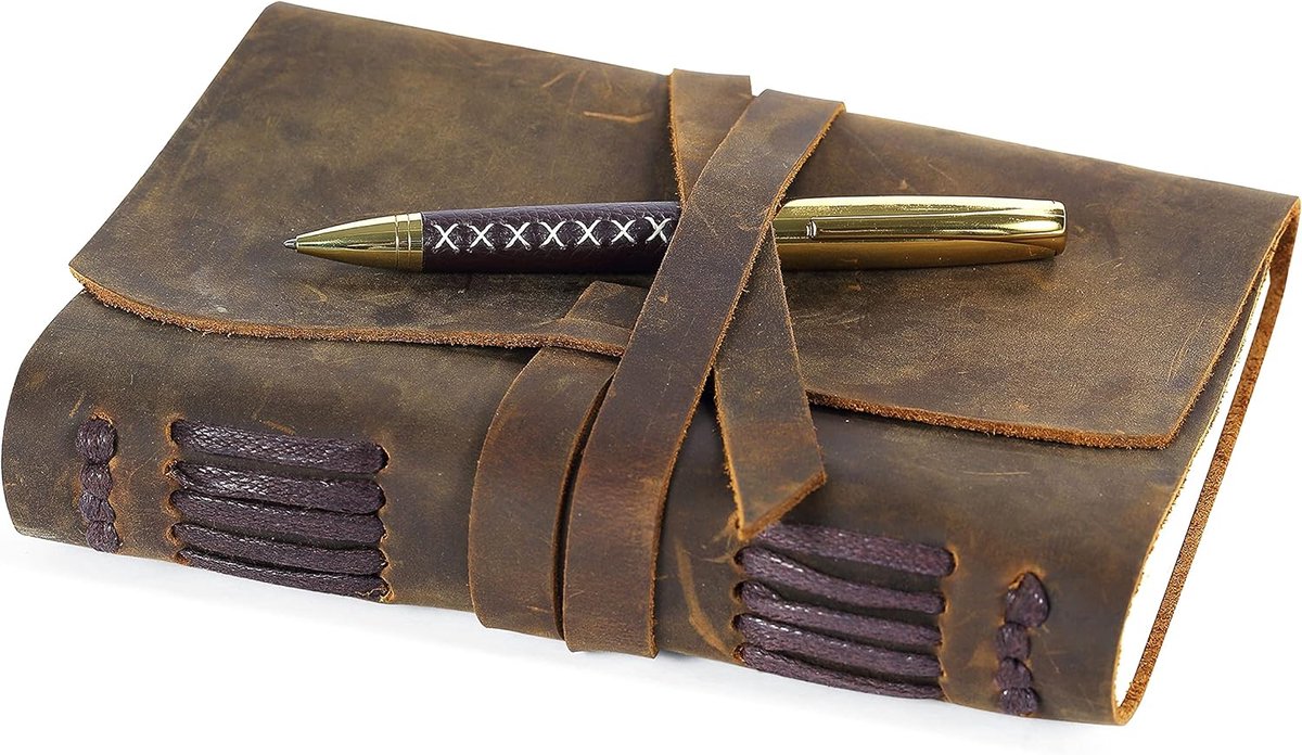 SnelShoppen - Leren Notitieboek voor Mannen en Vrouwen 18 x 13 cm Vintage Leren Dagboek met Pen | 300 Onbedrukte Pagina's Reisnotitieboek Schetsboek