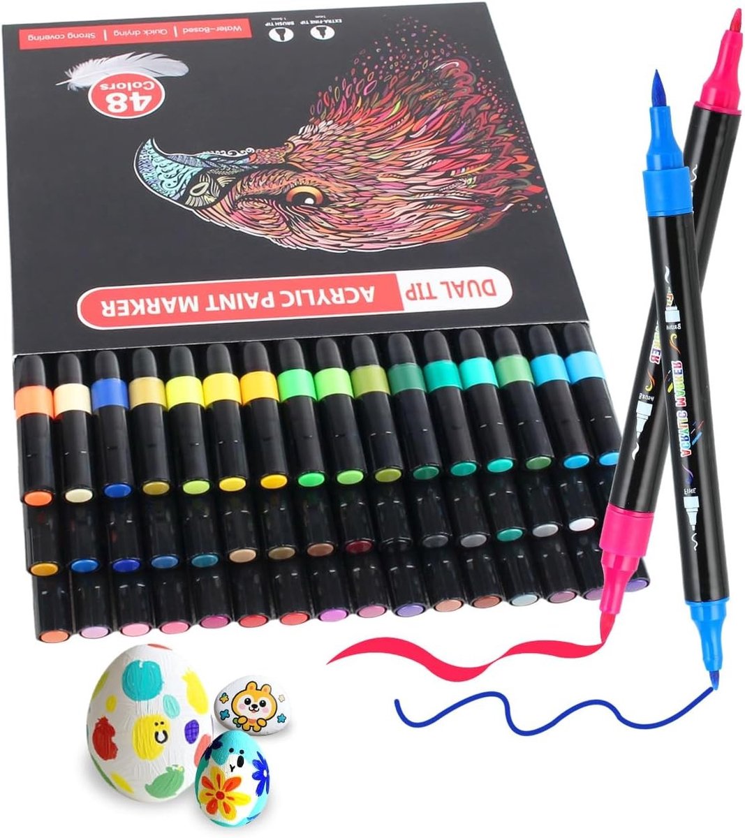 Acrylstiften Set met Dubbele Punt - 48 Kleuren - Waterdichte Acrylmarkers voor Hout, Canvas, Steen en Glas - Voor Kinderen en Volwassenen