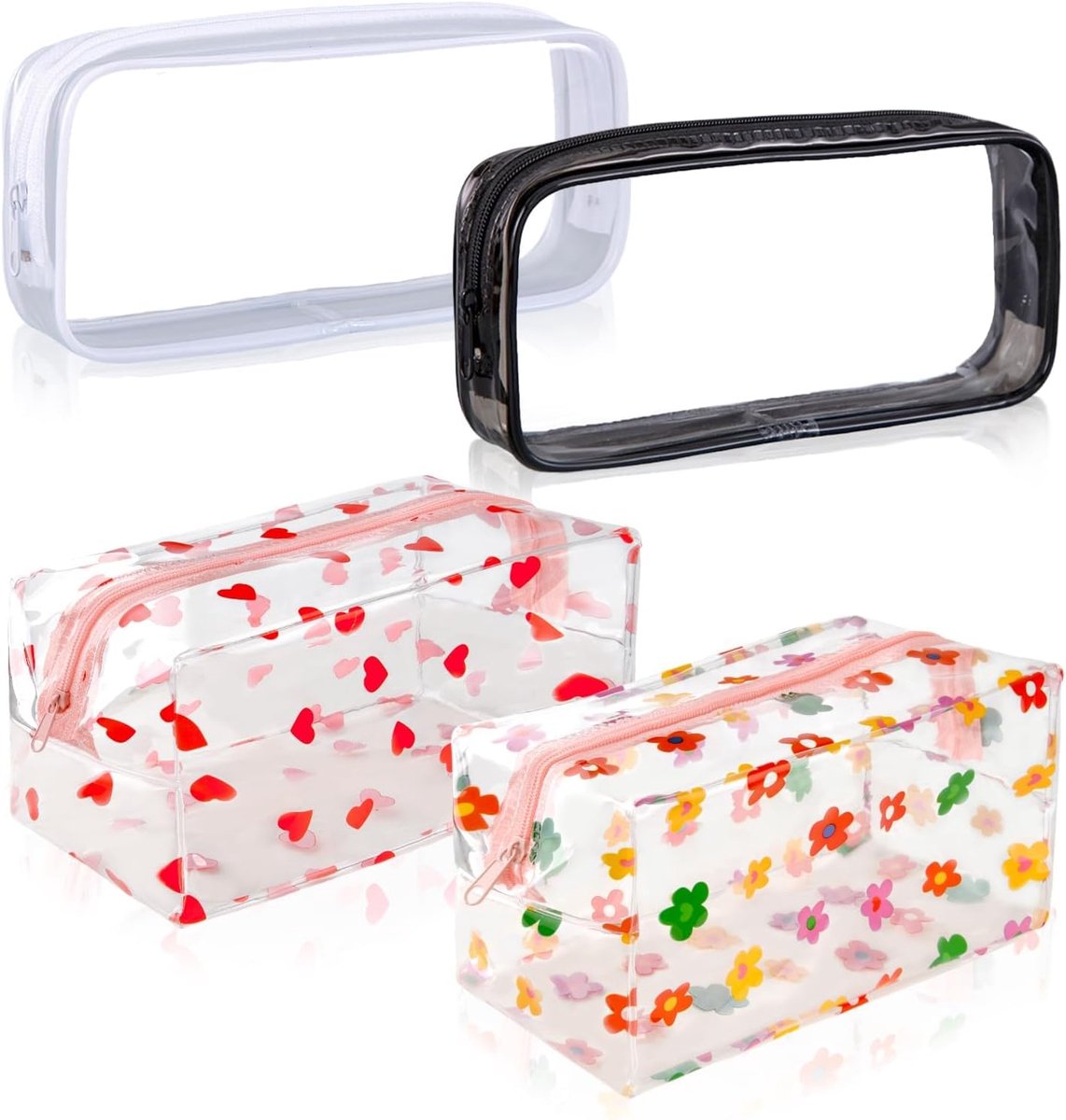 SnelShoppen - Transparante Pennenhouder 3/4 Pack Waterdicht PVC Met Rits Voor Stationery Opslag (Zwart, Wit) - Assortiment van 4 Stuks