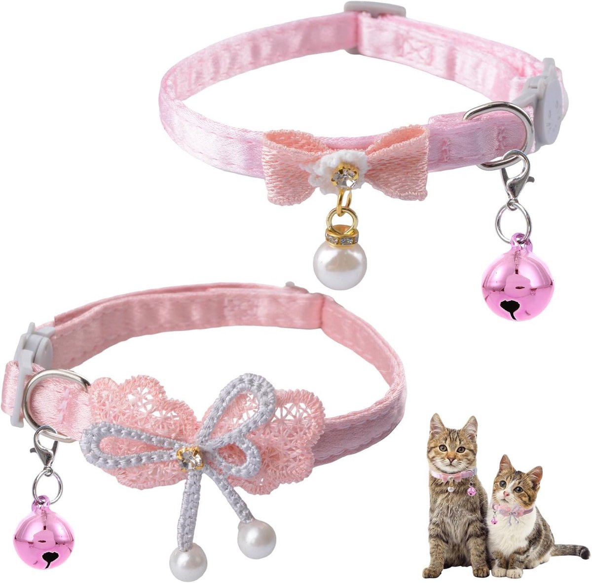 SnelShoppen - Kattenhalsband met Bel, 2 Stuks Roze Verstelbare Lederen Halsbanden voor Kittens en Puppy’s met Vlinders en Strikpatronen voor Meisjes