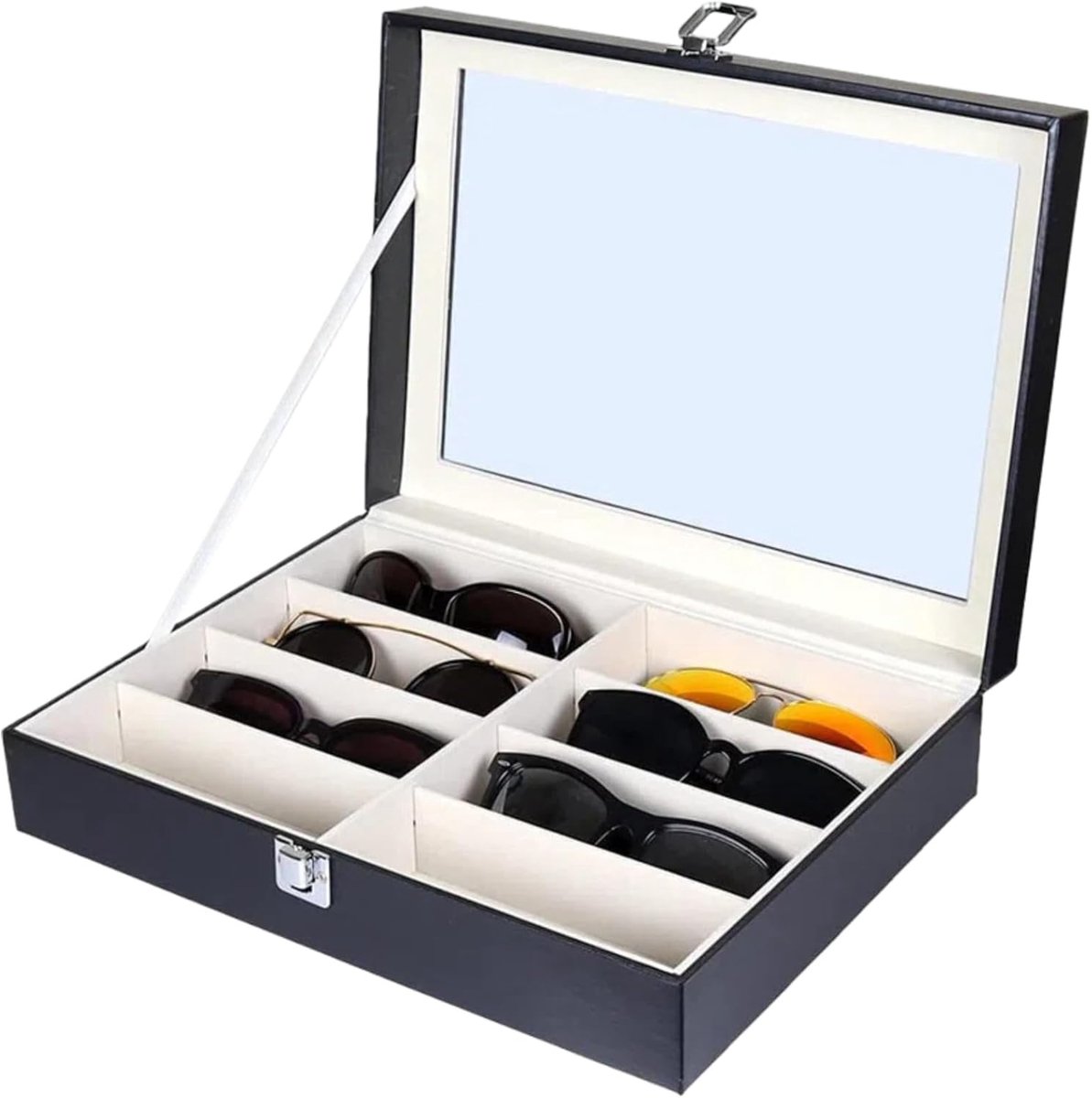 SnelShoppen - 8 Slot Brilopbergzak, Multifunctionele Zonnebril en Sieraden Organizer, PU Leer Opbergdoos met 8 Compartimenten en Transparante Deksel v