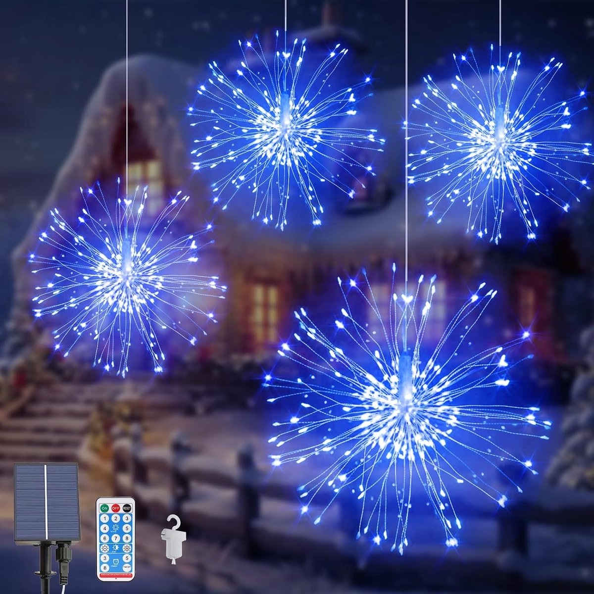 4 Pcs Solar Firework Lights, 480 LEDs, Hanging Starburst Lights with 8 Modes, Waterproof Firework Lights, Remote - ShopVlot