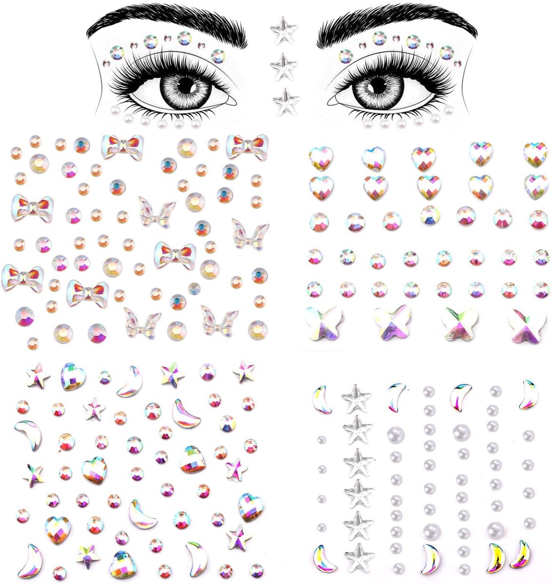 SnelShoppen - 4 Vel Gezichtsdecoratie met Kristallen, Zelfklevende Gezichtsjuwelen, Parels, Rhinestone Tatoeages voor Vrouwen en Meisjes, Perfect voor
