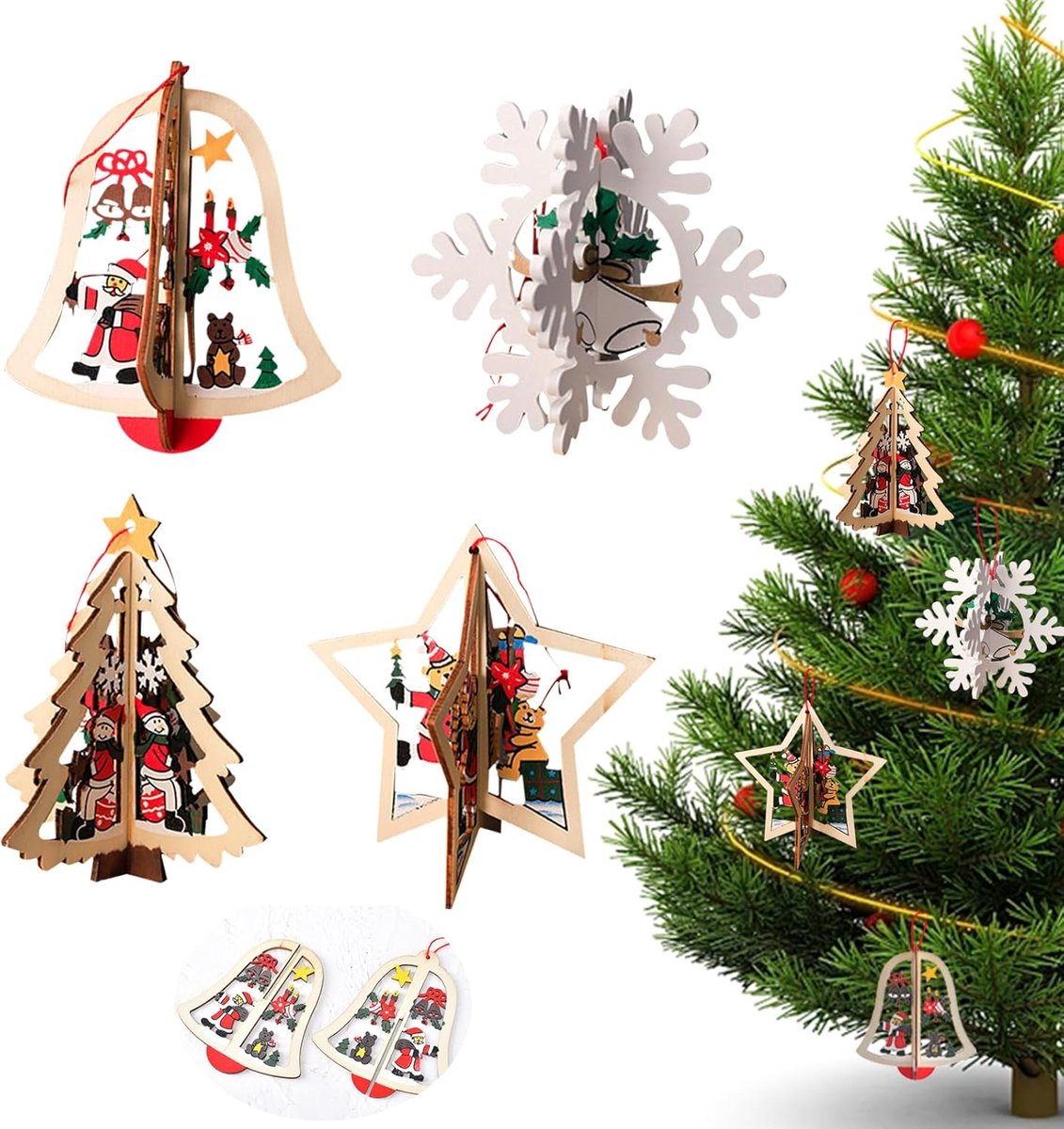 SnelShoppen - 4 Stuks Kerstboom Hangers, 3D Kerstdecoraties van Hout in Klokvorm, Sterren, Sneeuwvlokken en Kerstbomen, Hangende Ornamenten voor Thuis