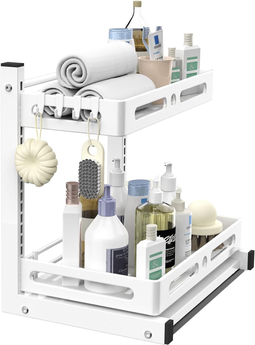 SnelShoppen - Witte Onder Sink Organizer & Opbergruimte, 2-Lagen Keuken en Badkamer Planken, Geschikt voor Keuken, Kast, 15.7×11×16.5 inch, 1 Pack