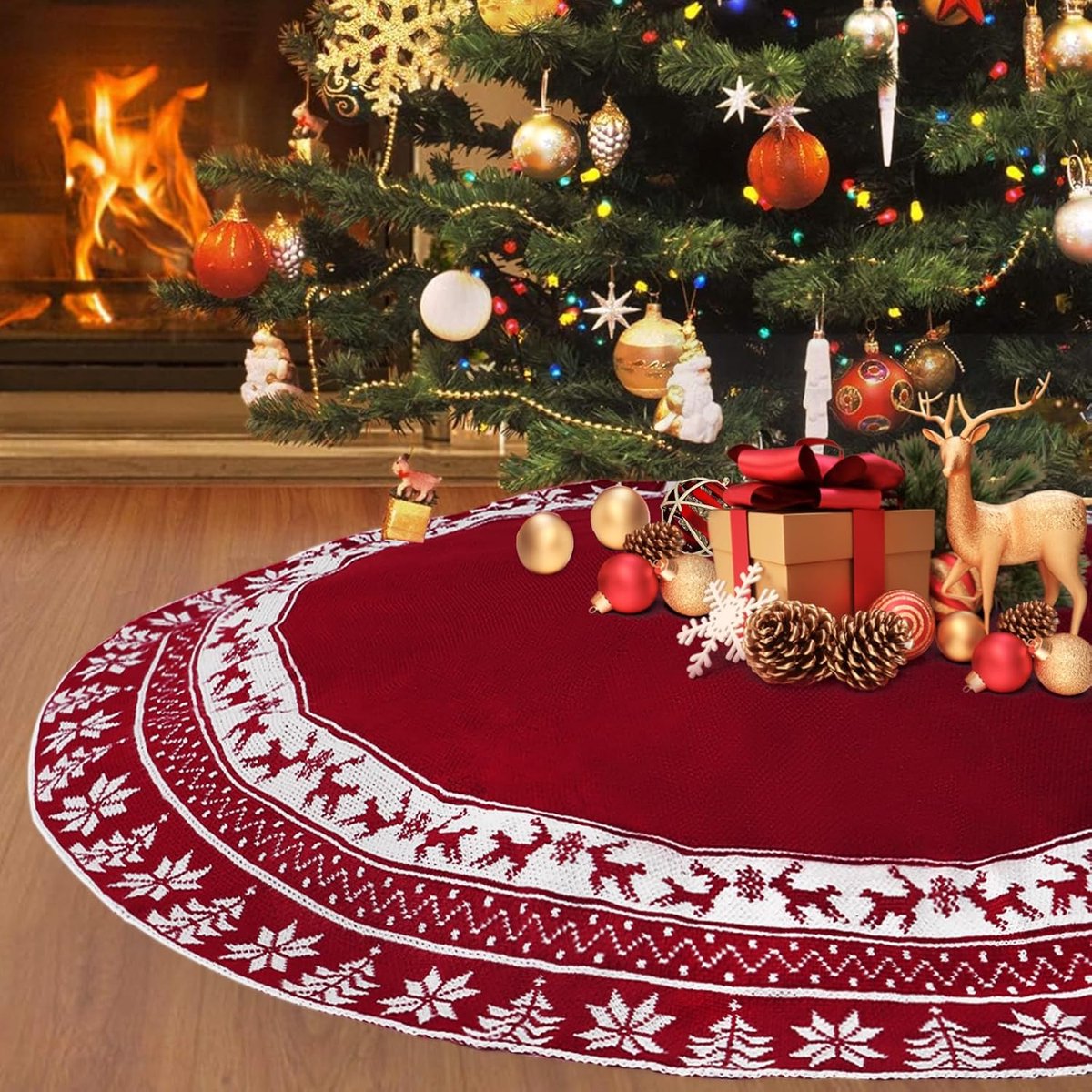 Kerstboomrok 90cm - Gebreide kerstboomdeken - Ronde elanden en sneeuwvlokken - Perfect voor kerstdecoratie - ShopVlot