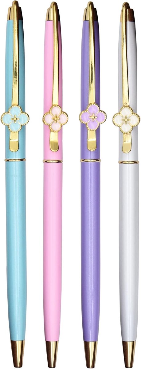 SnelShoppen - 4 stuks modieuze vierbladige klaver balpen, soepel schrijvende pen voor planner journaling, kantoor en school, multicolor