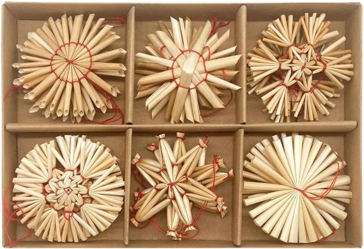 SnelShoppen - Premium 24 x Stroster Sterren Kerstboomdecoraties - Diameter Ongeveer 6 cm - Retro Kerstboom Hanger - Vintage Kerstdecoratie voor Feestd