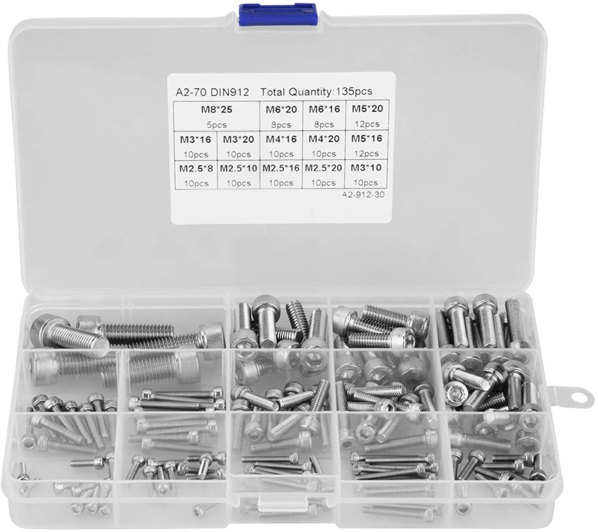 SnelShoppen - Hex Socket Platkop, 304 Roestvrij Stalen Hex Schroeven Assortiment Set met Opbergdoos voor Doe-Het-Zelf Fiets Motor Reparatie, 135 Stuks