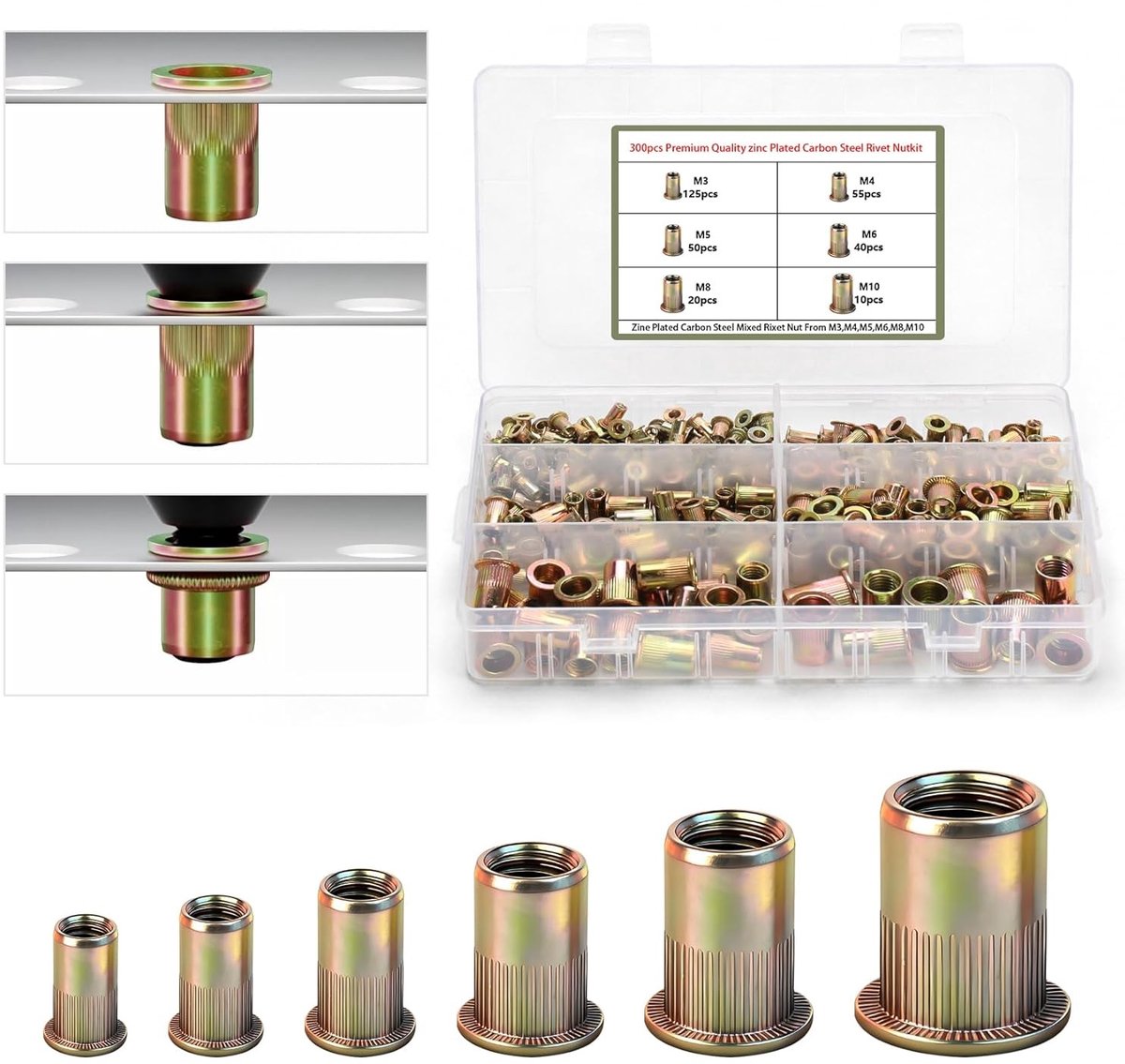 Assortiment van 300 Stuks Rivet Nuts, Plat Hoofd Draadbussen, Roestvrij Staal en Duurzaam - M3/M4/M5/M6/M8/M10 | Hoogwaardige, corrosiebestendige en veelzijdige bevestigingsoplossingen voor metaal, kunststof en hout. Inclusief praktische opbergdoos.