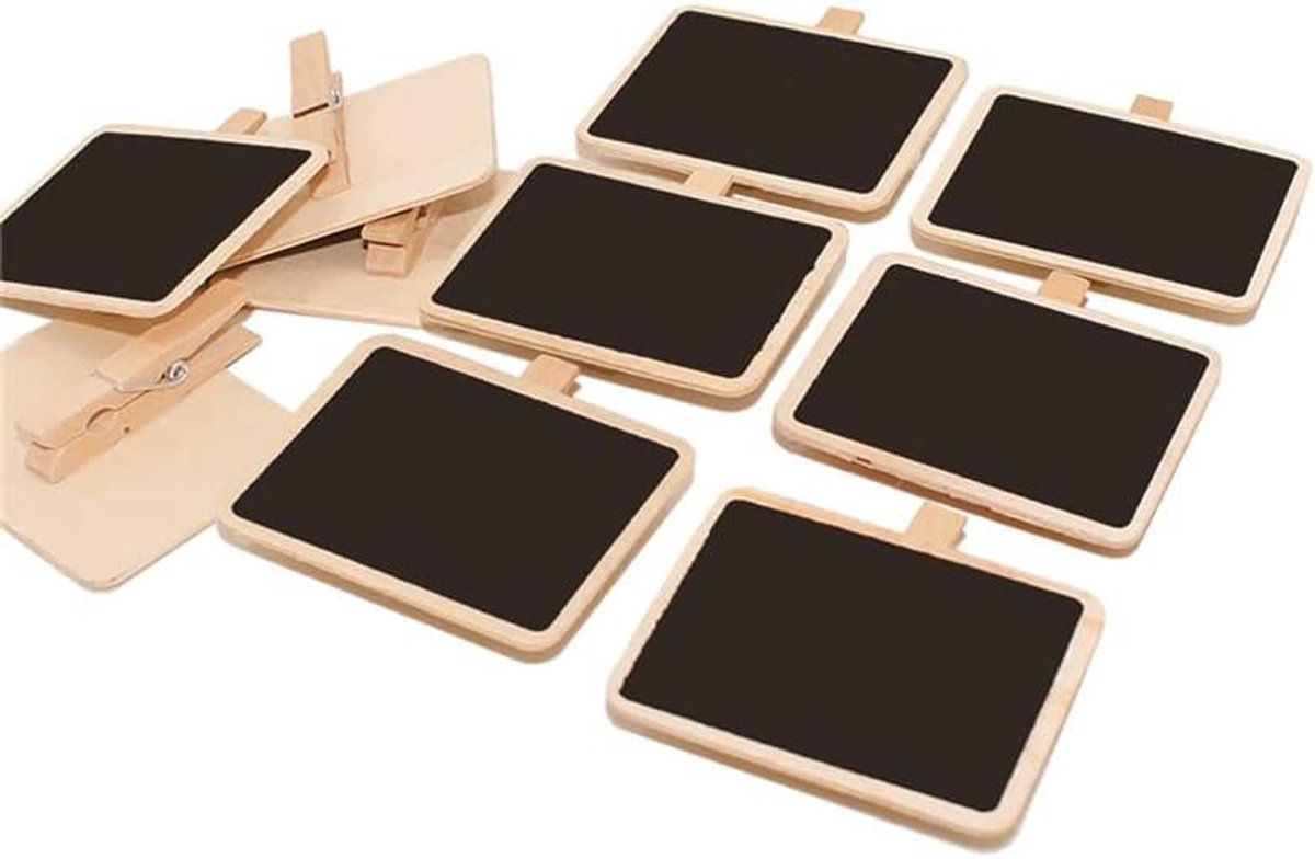 SnelShoppen - 10 Stuks Mini Krijtbordjes met Label Clip - Hout, 2.5cm x 2.2cm - Perfect voor Berichten, Notities en Organisatie - Ideaal voor Feest, K