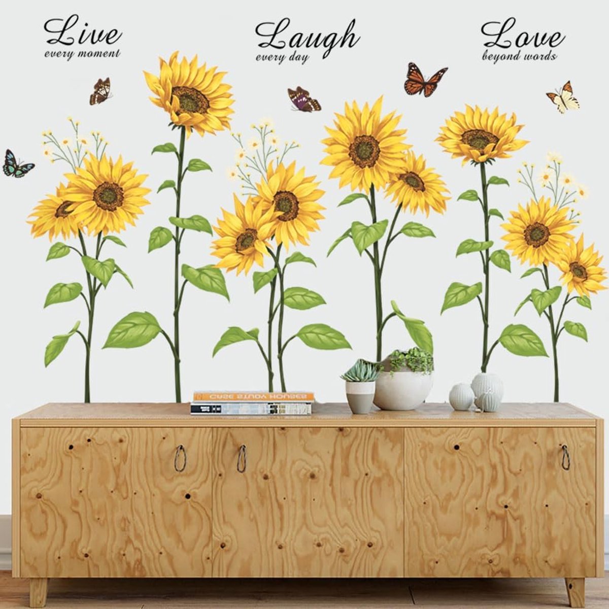SnelShoppen - Muurstickers Zonnebloem Vlinder Wanddecoratie met Leef, Lacht, Lief Quotes voor Kinderkamer Woonkamer Nursery - Vinyl Non-toxisch 10 Blo