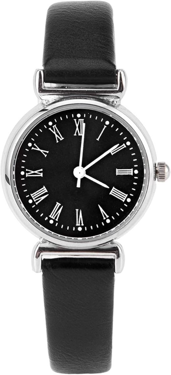 SnelShoppen - Dames Horloge, Elegante Kleine Simpele Mode Vrouwen Dress Horloge Retro Leren Mini Polshorloge Zwart Band Zwart Wijzerplaat, Perfect voo