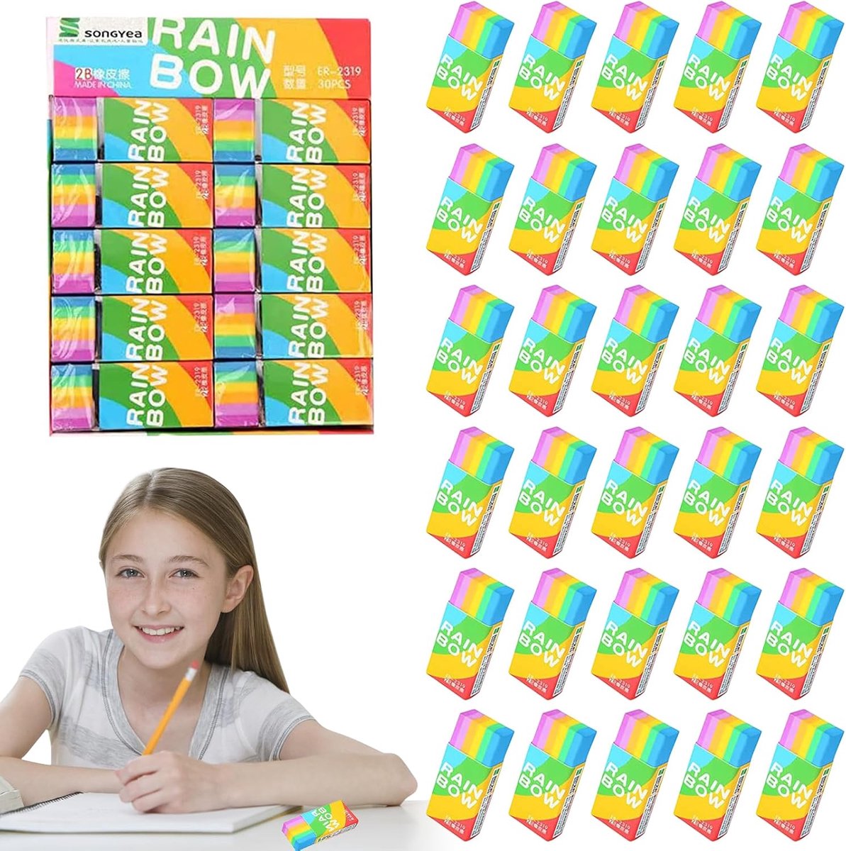 Gum set 30 stuks 2B - Regenbooggummen - Hoogwaardige rubber - Ideaal voor tekeningen - ShopVlot