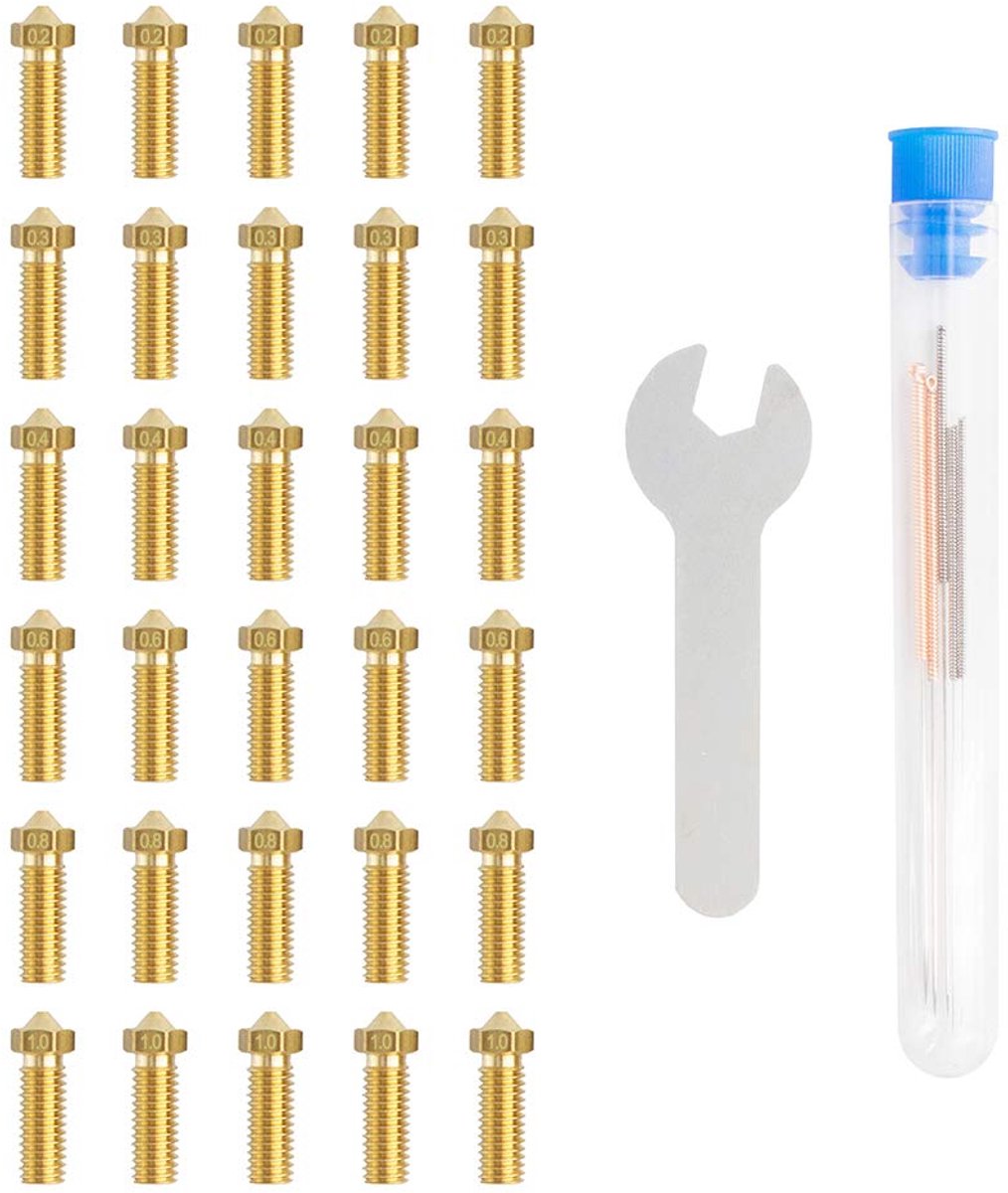 SnelShoppen - ED3 Extruder Messing Nozzles Set (30 Stuks), 0.2mm/0.3mm/0.4mm/0.6mm/0.8mm/1mm, 3D Printer Accessoires met Reinigingsgereedschap, Voor A