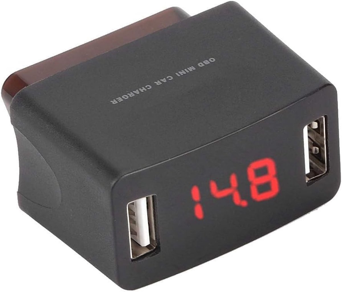 SnelShoppen - Auto Oplaadapparaat, USB Autolader, Duurzaam ABS Auto Oplader, OBD Mini Dubbele USB Oplaadstekker met Spanning Weergave voor 12/24V Auto