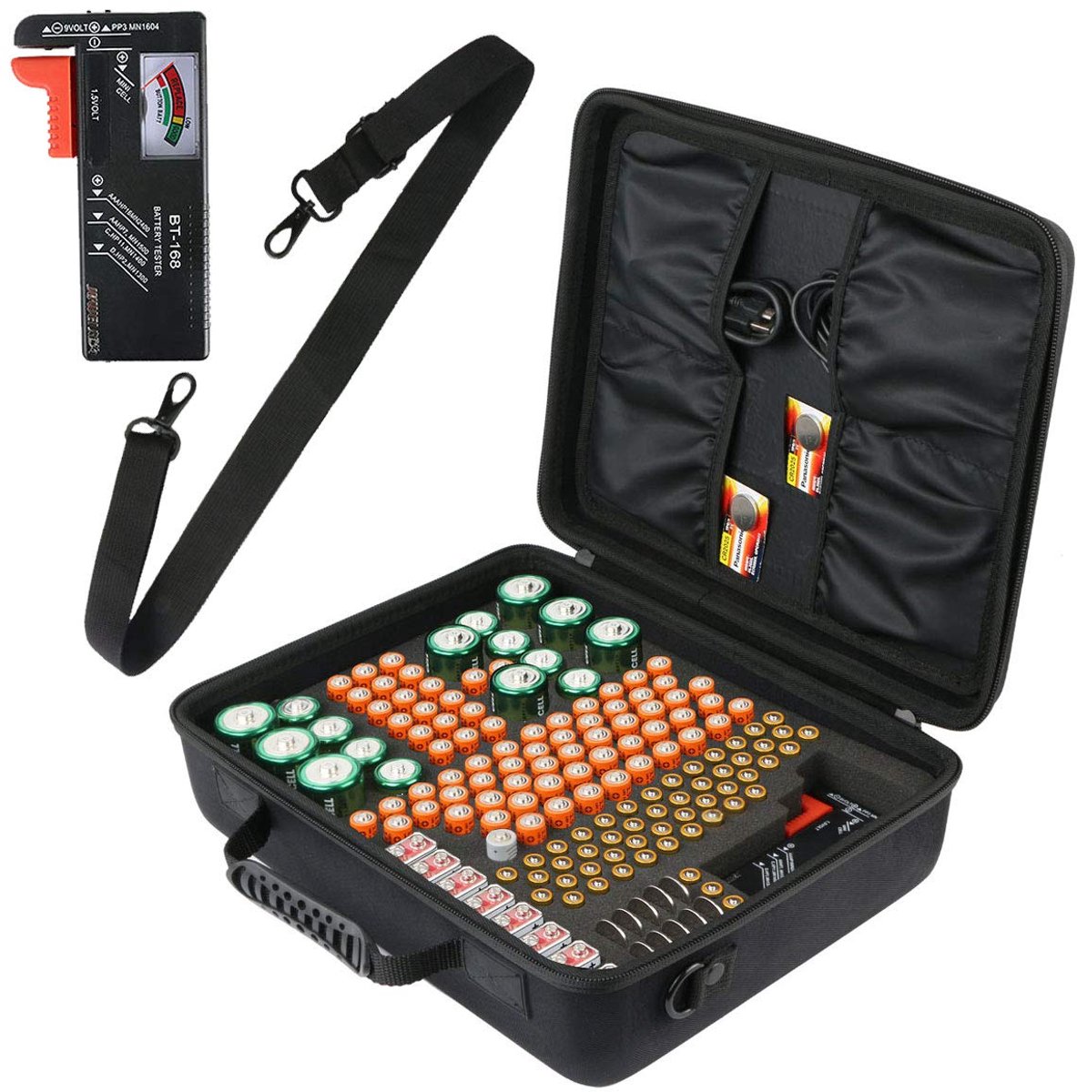 SnelShoppen - Hard Beschermdoos voor Batterijen Organizer, Geschikt voor 155 Batterijen AA AAA C D 9V, Inclusief BT-168D Batterij Tester, Duurzaam en