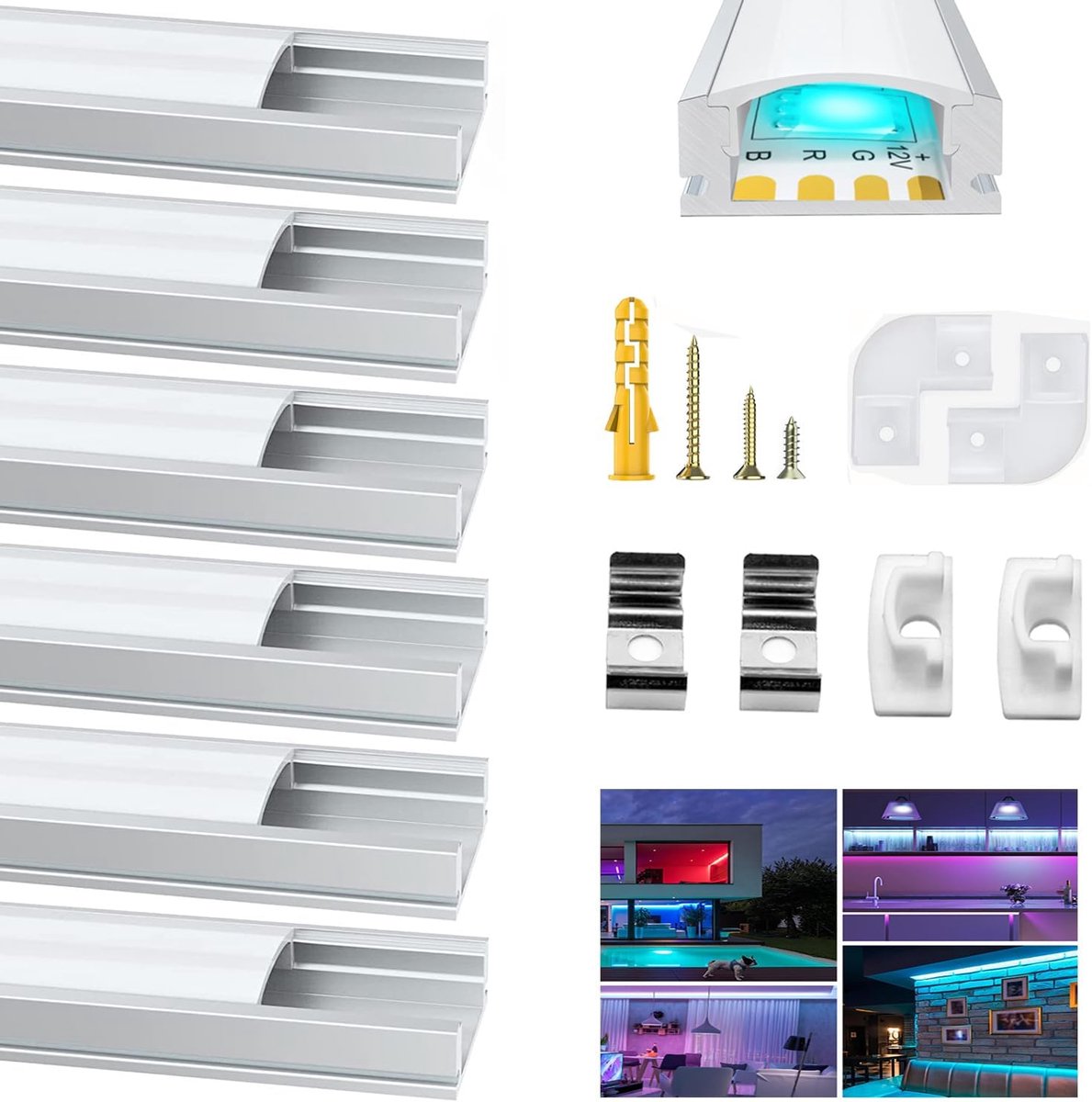 SnelShoppen - 6 Pack LED Aluminium Profiel 1 Meter U-Vorm LED Kanaal met Melkwitte Deksel, LED Profielen en Diffusers met Eindkappen, Montageclips en