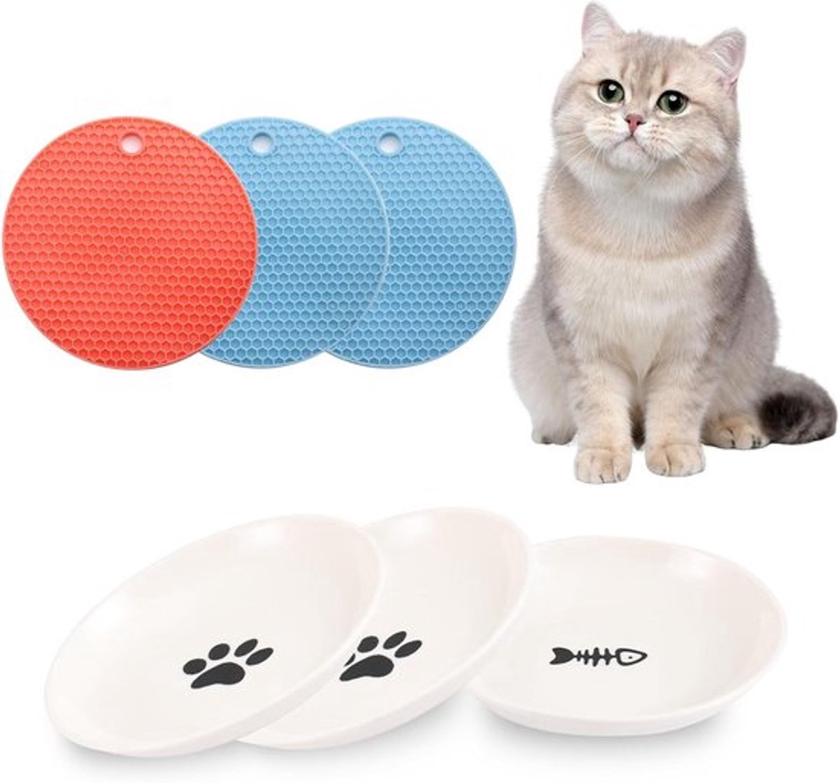 Set van 3 Keramische Kattenvoeders met 2 Antislip Matten - Breed en Plat Voerplateau voor Katten en Kleine Honden, Whisker Friendly en Makkelijk Schoon te Maken