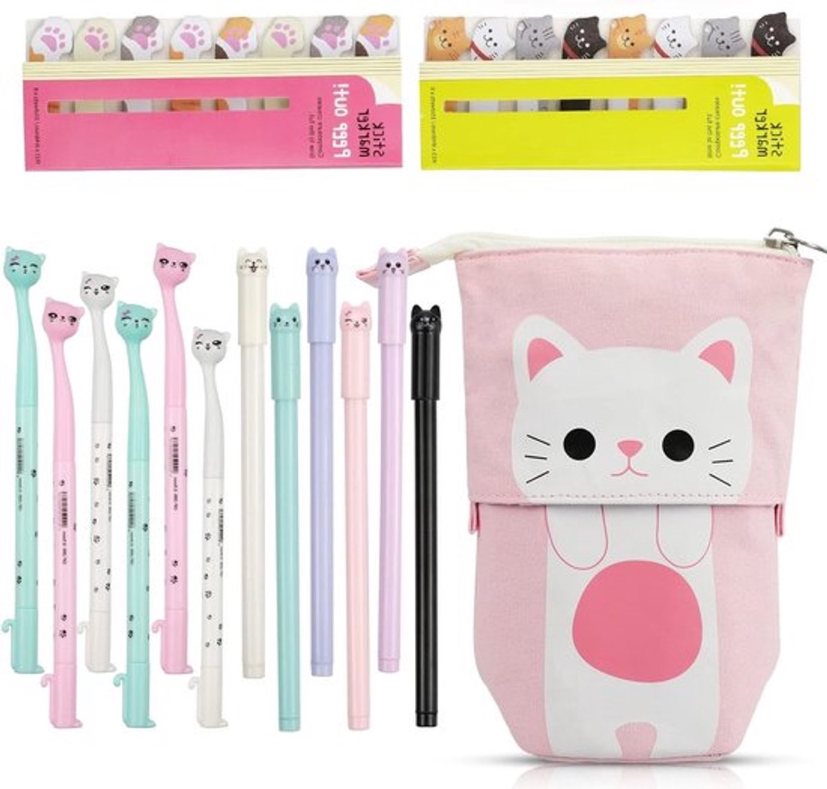 Schattige Katten Gelpennen Set met 12 Kawaii Ontwerpen, 0.5 mm Dikte, Zelfklevend voor School en Kantoorgebruik