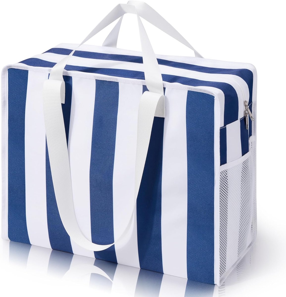 SnelShoppen - Grote Strandtas Voor Dames Met Ritssluiting, Waterdichte Shopper Voor Vakanties, Zomer, Zwembad, Familie, Blauw En Wit Gestreept, Ruim E