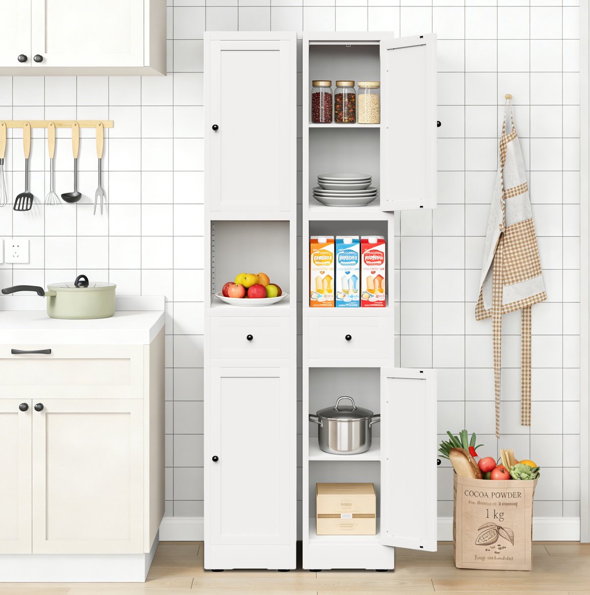 FloraGrace Opbergkast - Smalle Metalen Kast Met 5 Niveaus En 2 Deuren - Voor Badkamer Keuken En Wasruimte - Metaal - Wit - 180x30x30 Cm