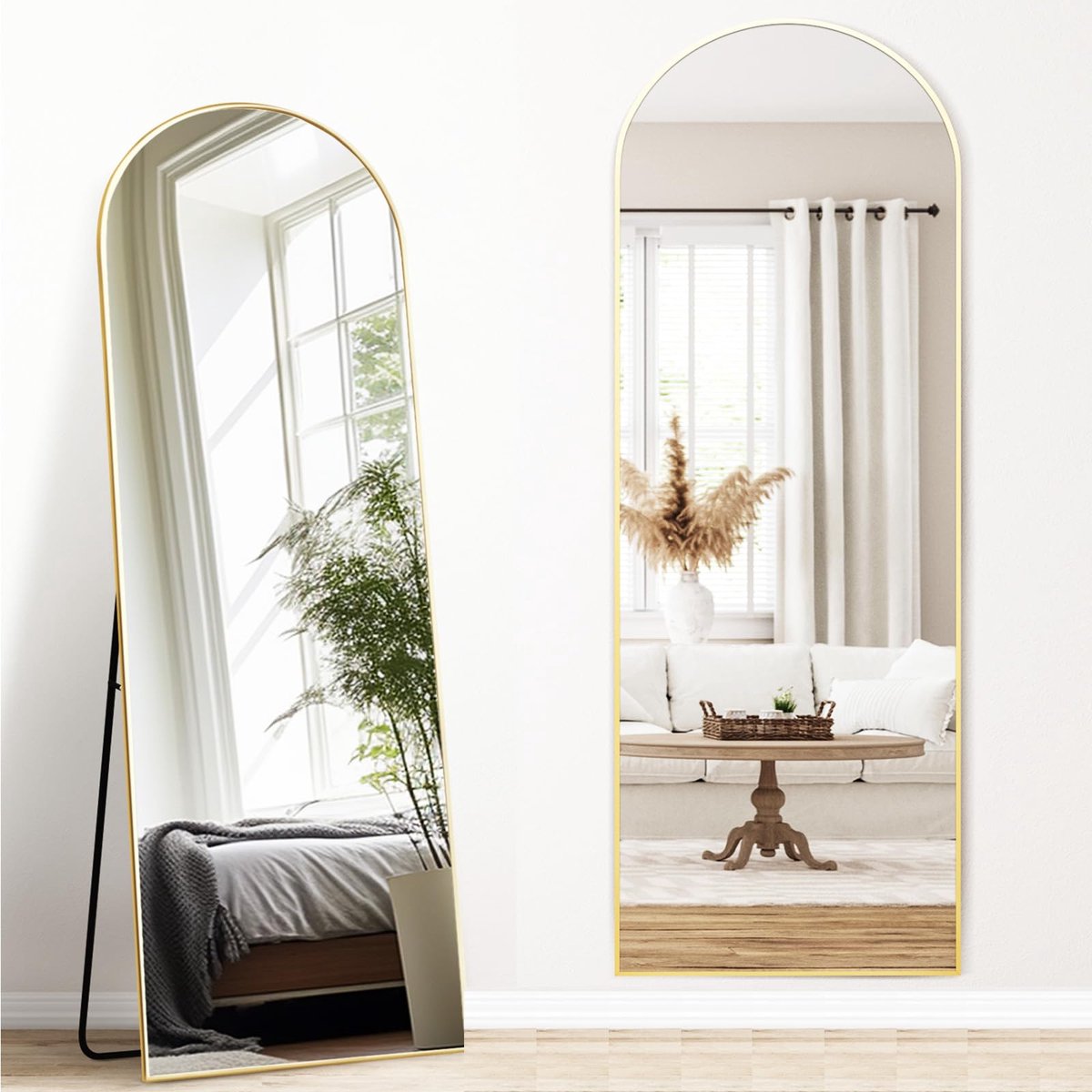 SnelShoppen - Melodieux Bogen volledige lengte spiegel, 147 x 44 cm, grote vrijstaande aankleedspiegel met goudkleurig aluminium frame voor woonkamer