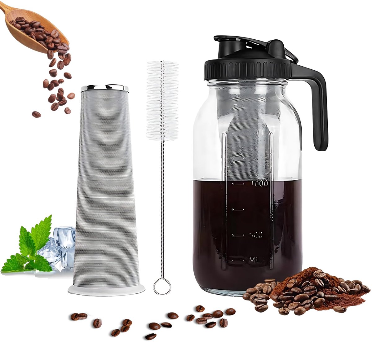 Koffiezetapparaat 2 l - Glazen met roestvrijstalen filter - Voor koude koffie en thee - Handvat - ShopVlot