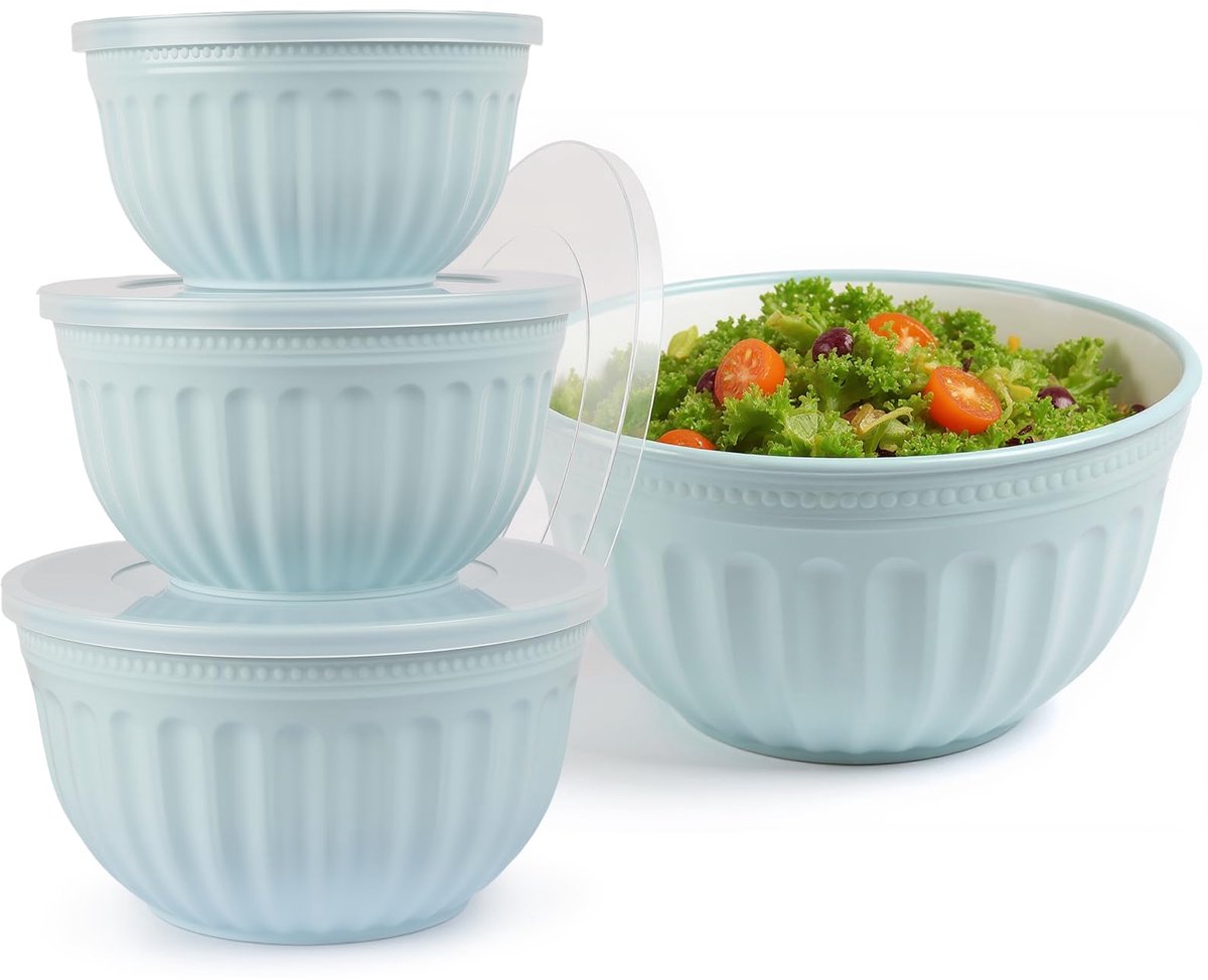 Famanu – Saladekommenset met deksel, grote mengkommenset, 4-delig, 2 l/3 l/4 l/6 l, blauw, stapelbaar, BPA-vrij en geschikt voor vaatwasser en magnetron