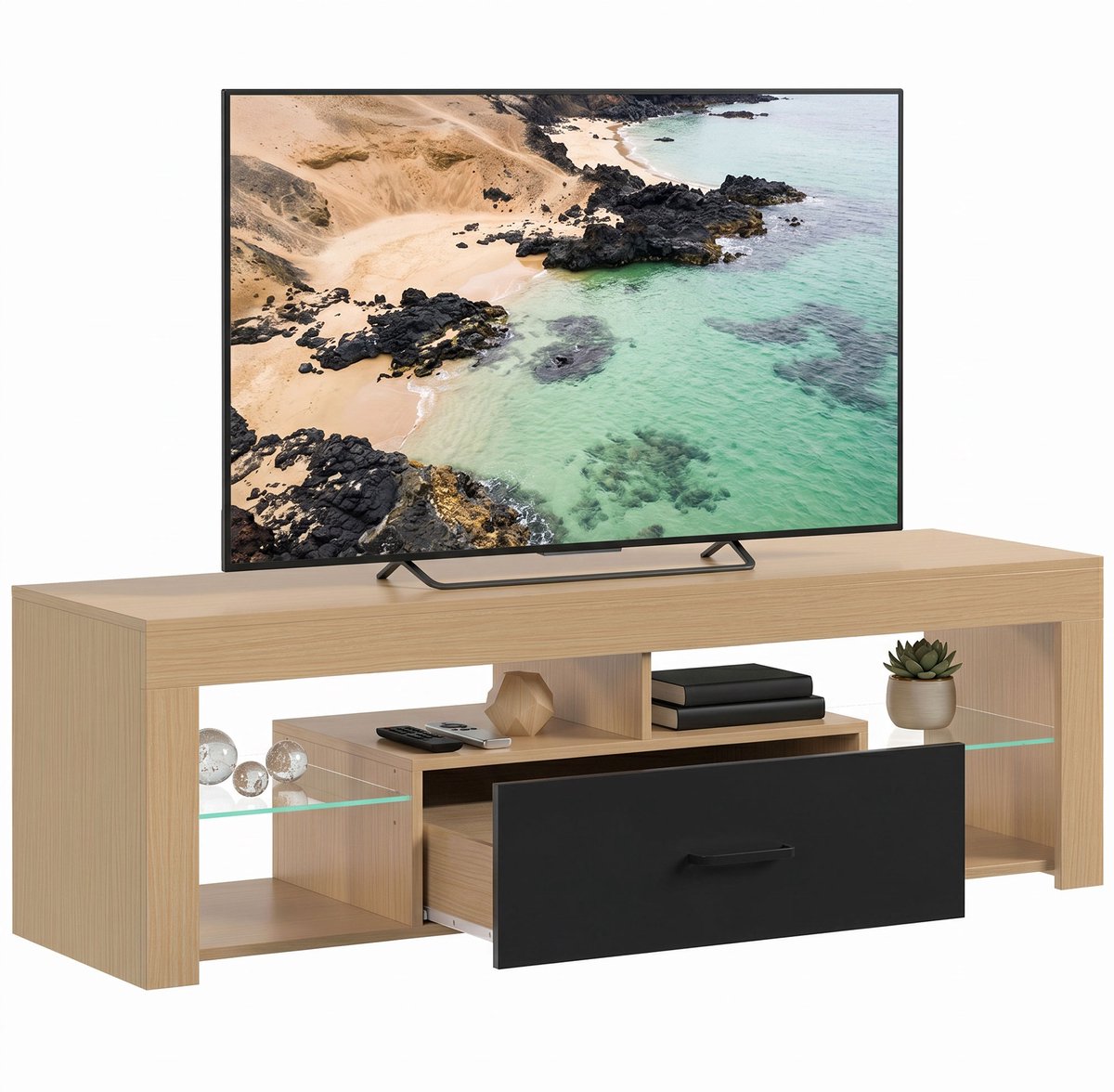 Sogiol® TV-Meubel Eiken 140 cm TV-Kast met verstelbare glazen planken voor TV tot 65 Inch