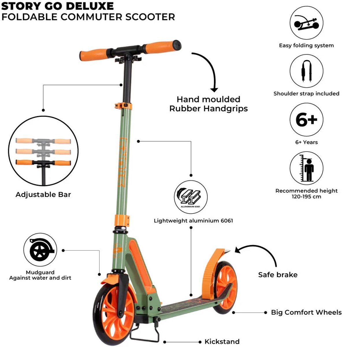 Story GO Deluxe Foldable Commuter Scooter Green/Orange 80-106 cm