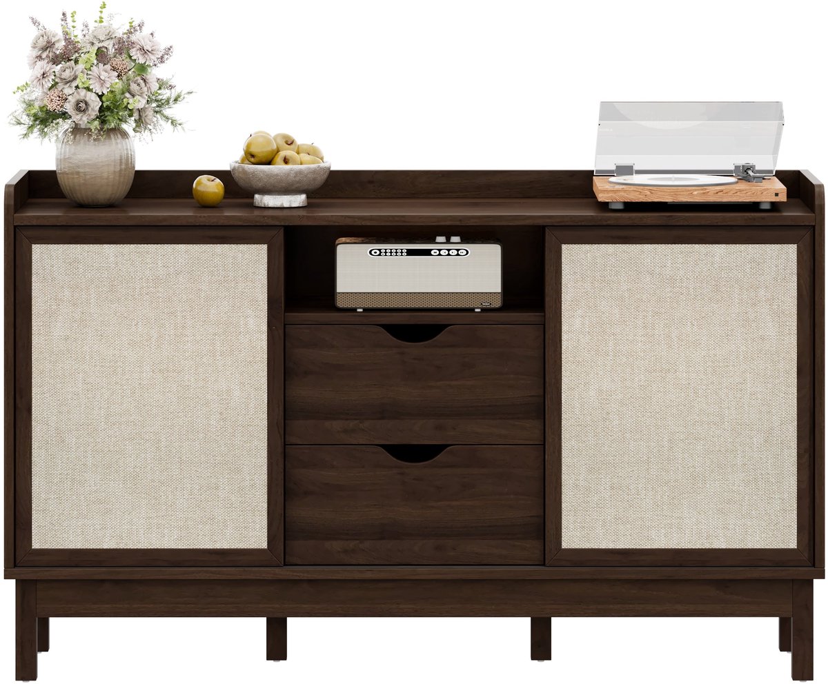 Merax Dressoir 150 cm – Opbergkast met Schuifdeuren - 2 Laden en Verstelbare Planken – Donker Houtdecor