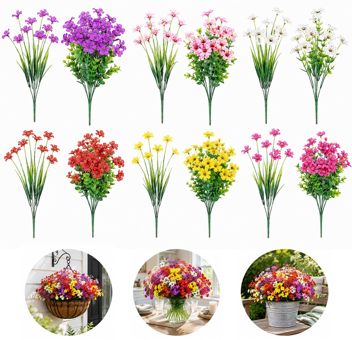 Famanu Set van 12 kunstbloemen in 6 kleuren, levensecht en UV-bestendig, perfect voor balkondecoratie binnen en buiten Zwart
