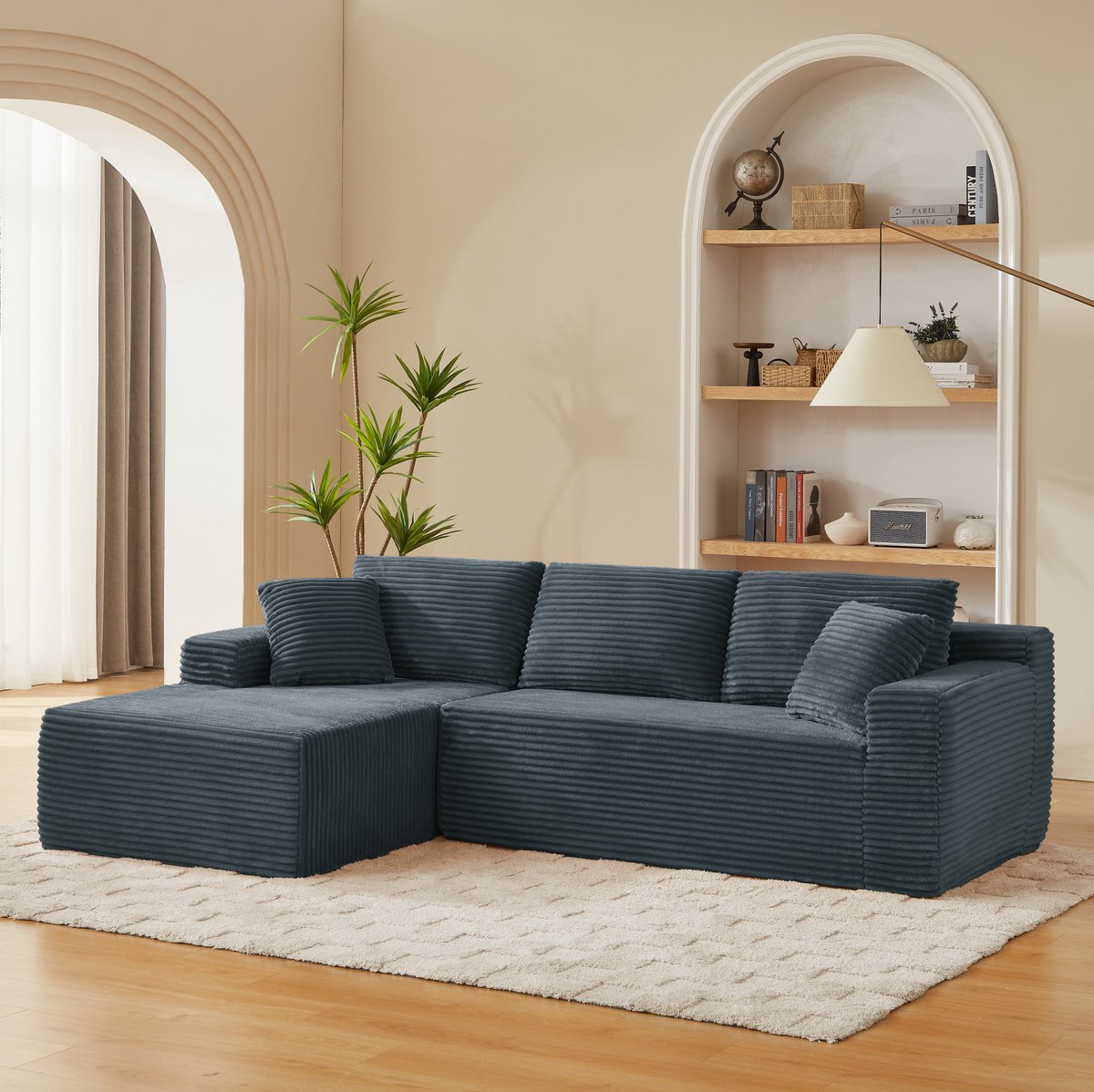 Wishdor Hoekbank - Modulaire bank 4 zitplekken - Zachte stof met kussens - Links chaise longue - Woonkamer kantoor appartement - Donkergrijs - 252,5 x 163 x 65 cm