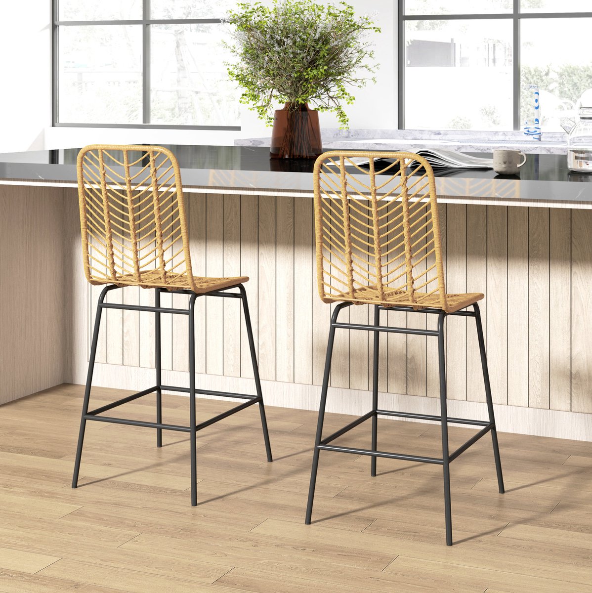 OKWISH Barkruk Set van 2 - Met Rugleuning en Voetensteun - Boho Design Voor Keukenbar en Eiland - Rotan - Geel en Zwart