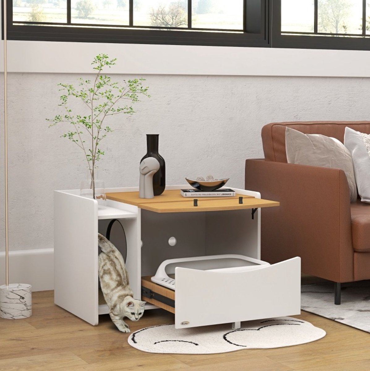 REDOM - Kattenbakcontainer - Uitneembare kattenbaklade - Streufangmat - Opbergruimte - Schrankdesign - Woonkamer - Hout - 78 x 50 x 51 cm