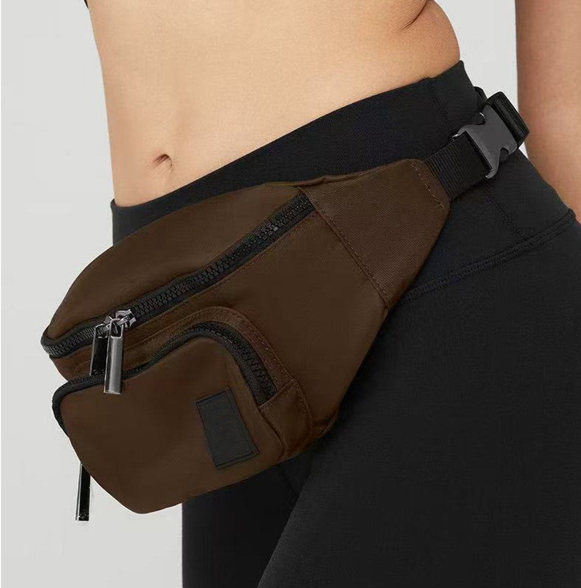 Sport heuptas van polyester‑katoen, multifunctionele buikzak met meerdere ritsvakken, verstelbare riem met plastic gesp, voor sport, wandelen en dagelijks gebruik, bruin