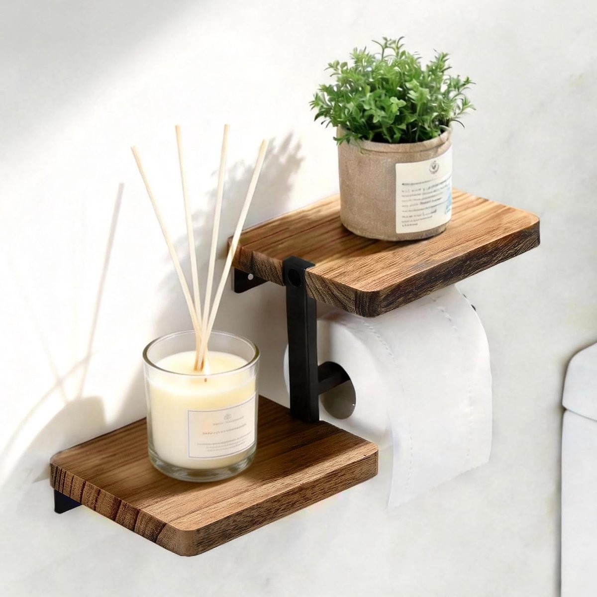 Trywise Zelfklevende Toiletrolhouder met Bamboe Plank - Wandhouder met Vak voor Vochtige Doekjes - Voor Badkamer - Zwart